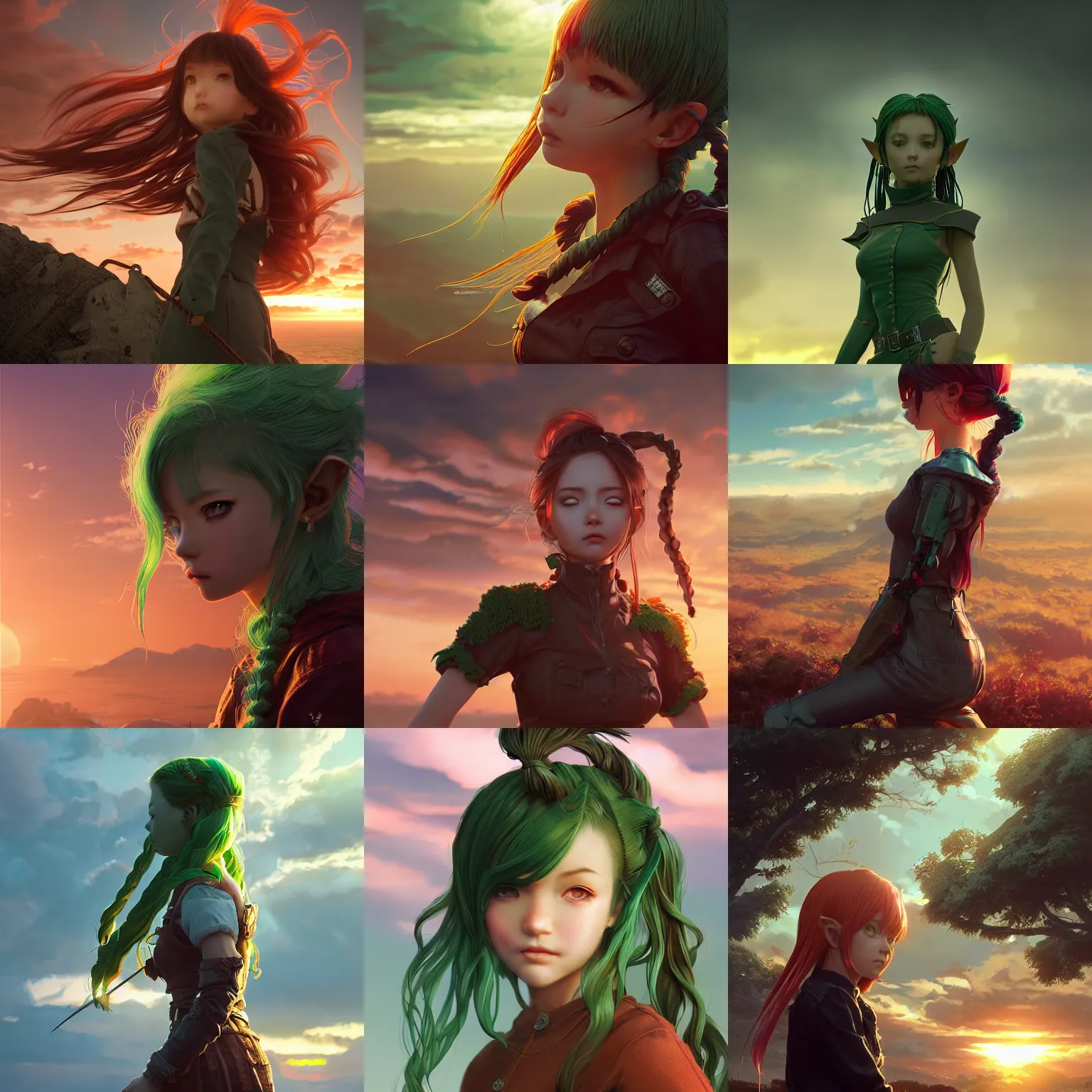 Prompt: worksafe. insanely detailed. by wlop, ilya kuvshinov, krenz cushart, greg rutkowski, pixiv. zbrush sculpt, octane, maya, houdini, vfx. elf girl with braided green hair. sunset. by ayami kojima. cinematic dramatic atmosphere, sharp focus, volumetric lighting.