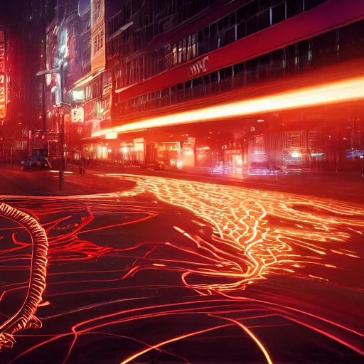 Image similar to detailed intricate digital illustration by greg rutkowski and artgerm and wlop and sanford robinson gifford ; glowing anatomically correct human veins loom over city intersection ; 1 3 mm film, arri alfa anamorphic lens ; long exposure, sharp focus ; golden hour, trending on artstation 8 k