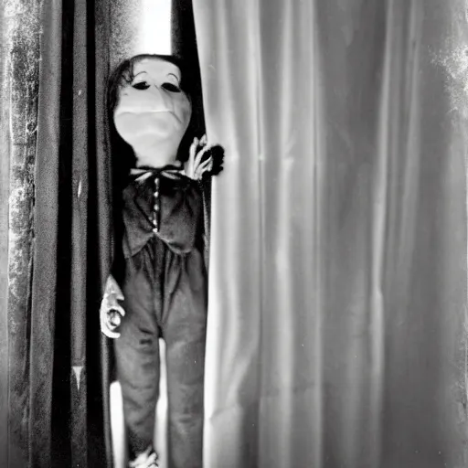 Prompt: ventriloquist doll holding a knife hiding behind a curtain, ventriloquist dummy, photo, hyperrealistic, creepy, dark, epic, cinematic, style of atget, style of cabinet of dr. caligari, detailed