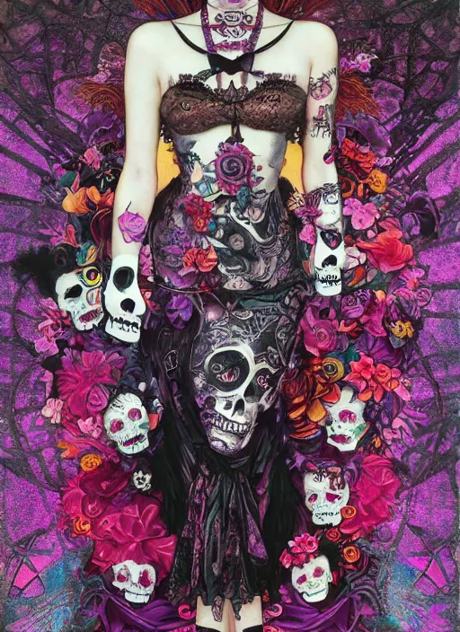 Image similar to cute punk goth fashion fractal Día de los Muertos tattoed girl posing by Zhang Jingna, poster art by Hannah Höch Victor Moscoso Dan Mumford Kilian Eng Hannah Jeffrey Smith Rick Griffin Alphonse Mucha Gustav Klimt Ayami Kojima Amano Charlie Bowater, violet and black