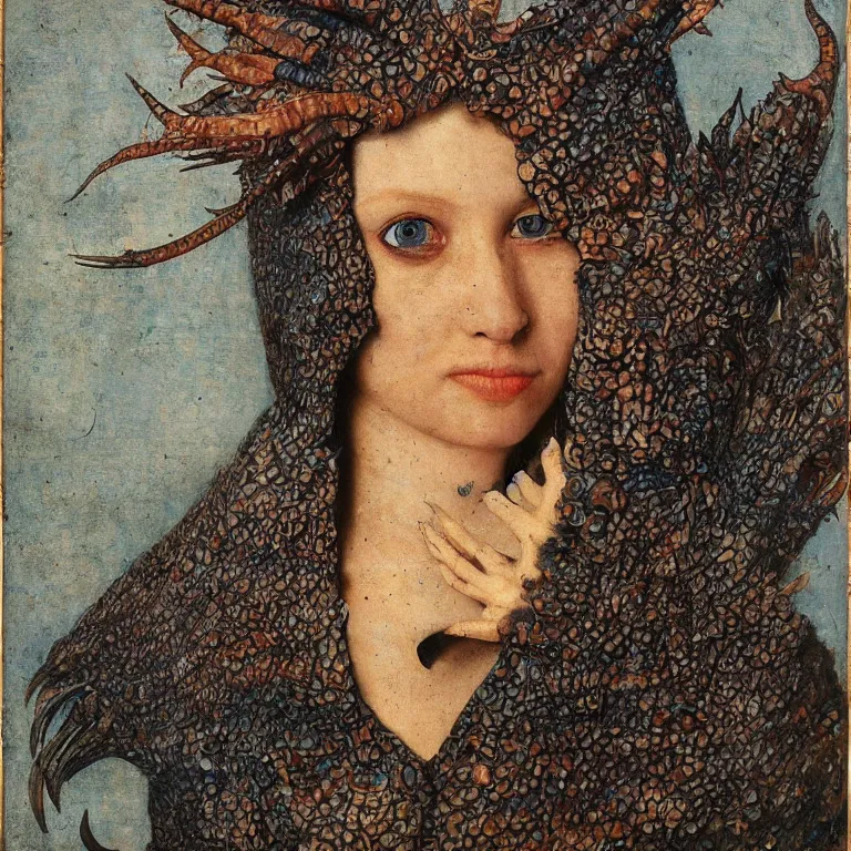 Prompt: a fish eye lense photograph of a women with goat pupils transforming herself into a beast. her skin is covered in scales and feathers. painted by jan van eyck, and max ernst, trending on artstation, 8 k, award winning