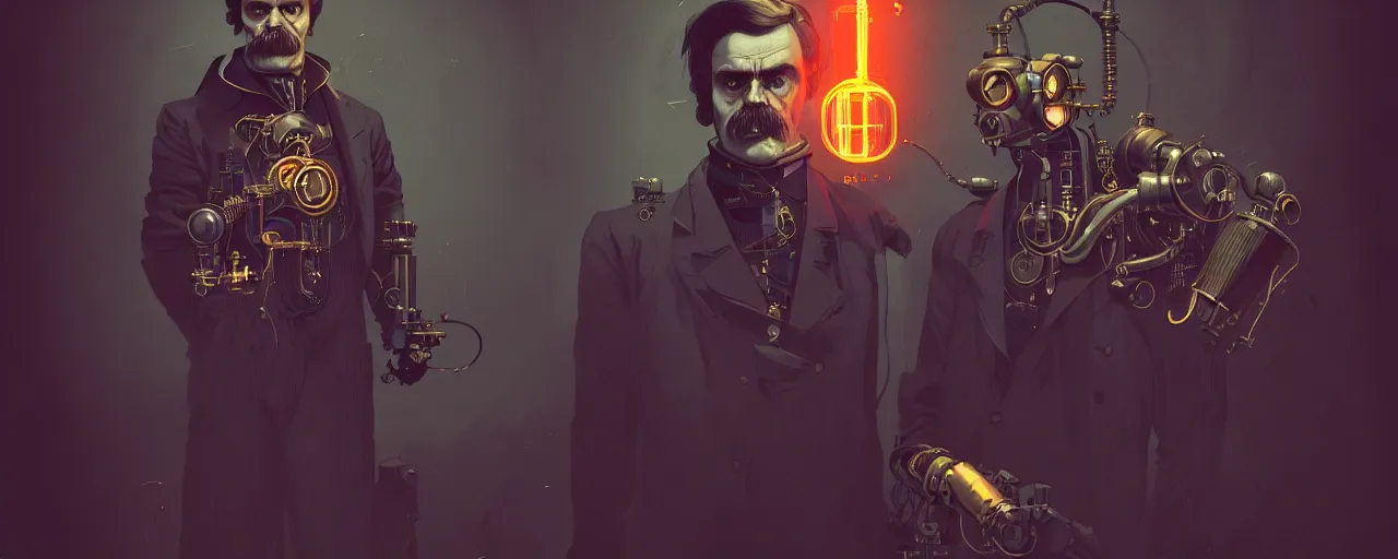 Image similar to duotone dark concept illustration 3 / 4 portrait of friedrich nietzsche as retro steampunk cyborg. cinematic volumentric lighting. golden ratio accidental renaissance. by sachin teng and sergey kolesov and ruan jia and heng z. graffiti art, scifi, fantasy, hyper detailed. octane render. concept art. trending on artstation