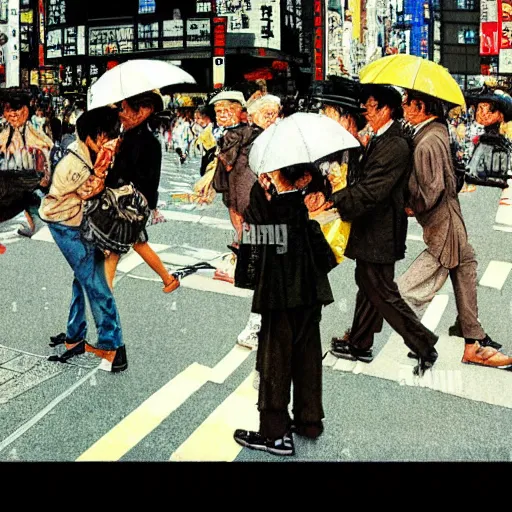 Image similar to Tokyo's Shibuya Crossing painted by Norman Rockwell