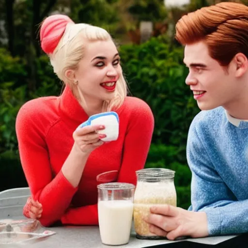 Image similar to Archie Andrews sharing a milkshake with Betty Cooper
