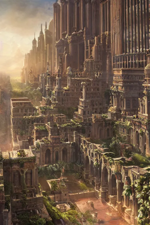 Image similar to gigantic palace, adorned pillars, towers, landscape, alex ross, neal Adams, david finch, concept art, matte painting, highly detailed, rule of thirds, dynamic lighting, cinematic, detailed, denoised, centerd