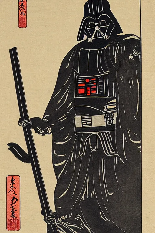 Image similar to Japanese woodblock print of Darth Vader holding a samurai sword, Hokusai