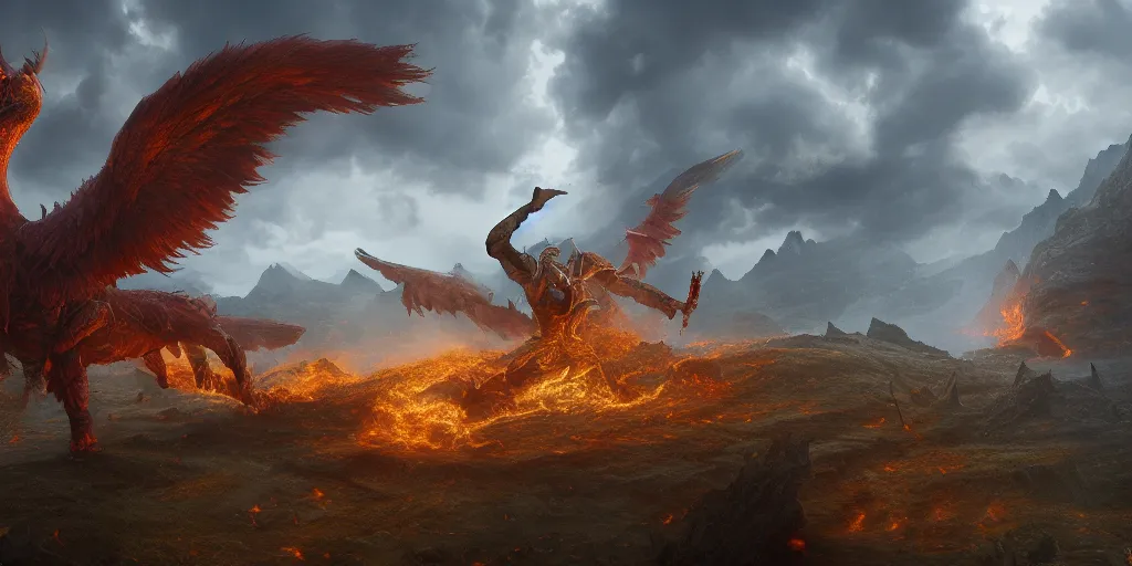 Prompt: a mythical battle between two giant fiery creatures with wings, broken landscape, by Andreas Rocha + Ted Nasmith, cinematic lighting, masterpiece, highly detailed, 8k resolution, trending on art station