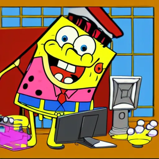 Prompt: spongebob plying games on computer, computer art