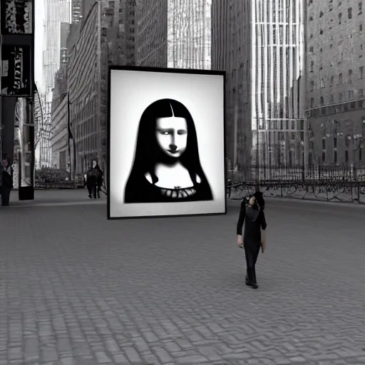 Prompt: 3 d render of mona lisa the person, walking down the street of new york city
