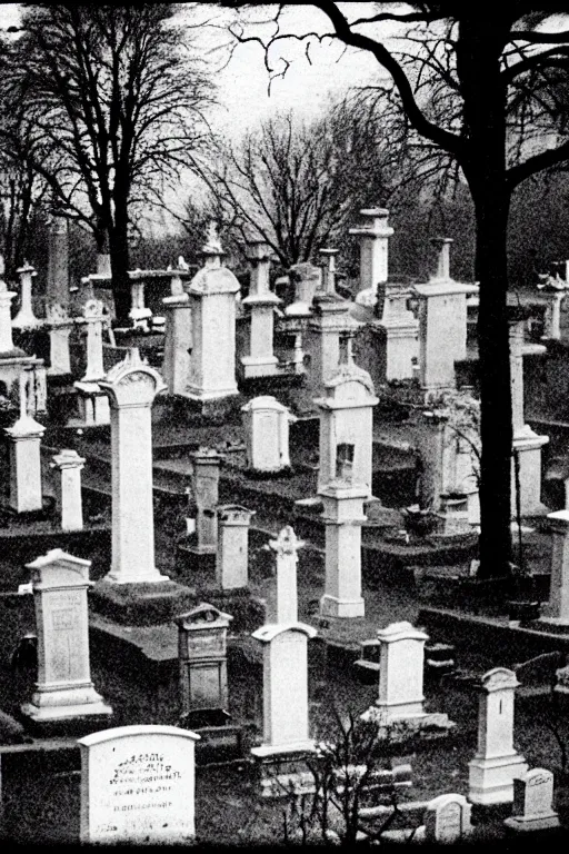 Image similar to Kodak T-MAX 3200 photo of creepy cemetery, 1910s paris, crow, scary, horror, dark mood