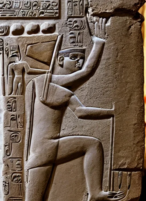 Prompt: a very very very worn out ancient egyptian relief of a man shooting a bolt action rifle, award winning photo