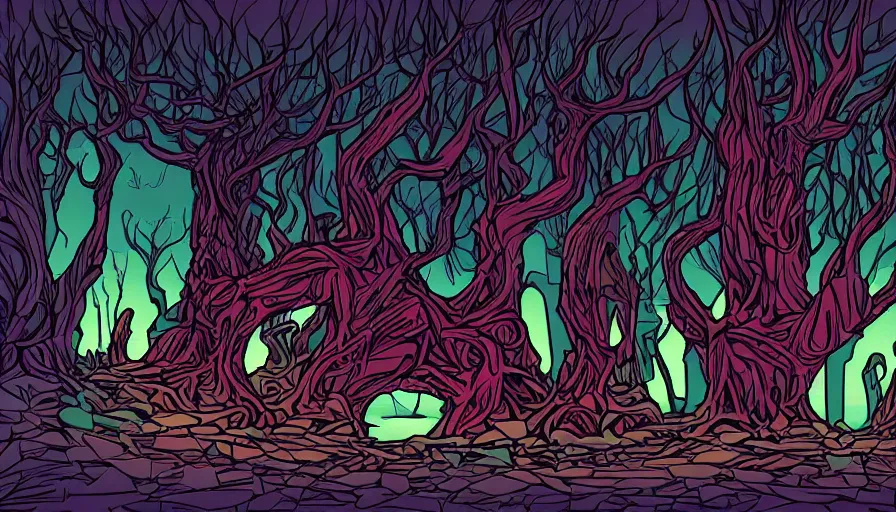 Image similar to alien ruins between gigantic red trees, colorful, vector style drawing