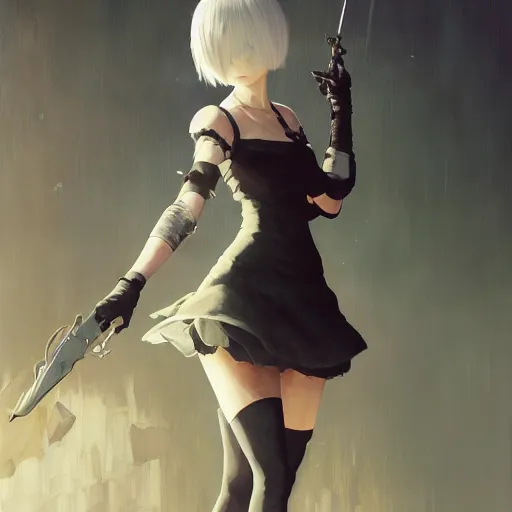 Prompt: highly detailed painting of 2 b nier automata, stephen bliss, 8 k, unreal engine, by greg rutkowski, loish, rhads, artgerm, ferdinand knab, makoto shinkai and lois van baarle, ilya kuvshinov, rossdraws, tom bagshaw, global illumination, radiant light, detailed and intricate environment