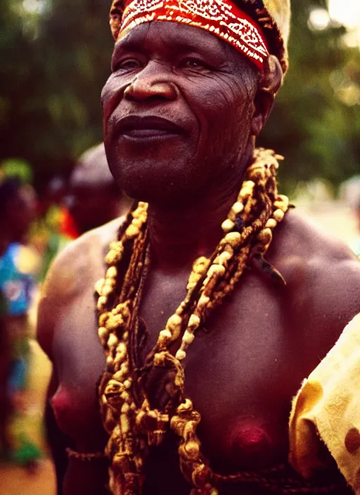 Prompt: analogue photo of an Igbo tribal chief, 35mm, f/1.4, Golden Hour light, photo shot my Martha Cooper,