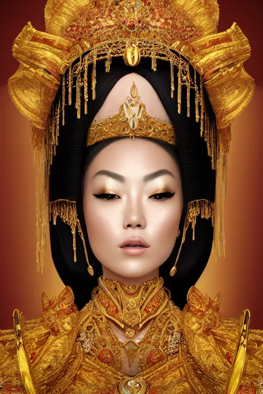 Prompt: a beautiful empress portrait, with a brilliant, impossible striking shiny big gold headpiece, gold clothes, rococo, baroque, jewels, asian, realistic, closeup, D&D, fantasy, intricate, elegant, highly detailed, digital painting, artstation, octane render, studio lighting, 8k, concept art, matte, sharp focus, illustration, art by Gustav Klimt, Artgerm and Greg Rutkowski and Alphonse Mucha