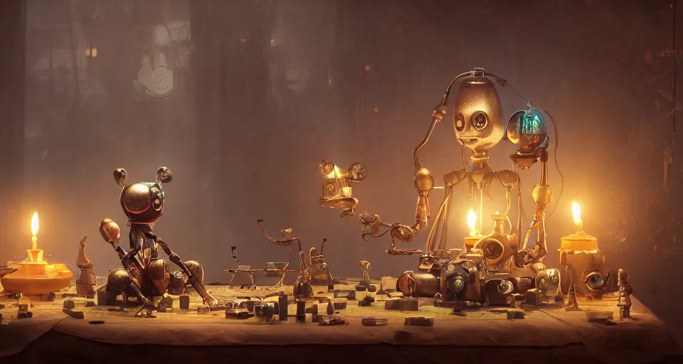 Image similar to a beautiful tapestry, a small robot playing a futuristic holographic chessgame, ultra detailed, atmospheric lighting, steampunk, moody, candles, characters from machinarium, by don bluth, trending on artstation, octane render, 8 k, ultra realistic