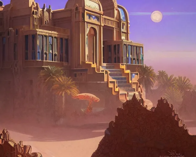 Image similar to art deco palace in the desert, fantasy, intricate, elegant, highly detailed, digital painting, artstation, concept art, matte, sharp, illustration, hearthstone, art by artgerm and greg rutkowski and alphonse mucha