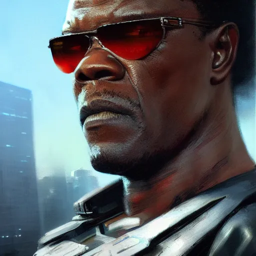 Image similar to closeup portrait of a young samuel jackson as the terminator, city background, dramatic light, gorgeous view, depth, high detail, digital art, painted by greg rutkowski, trending on artstation