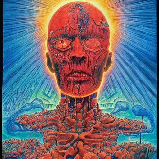 Prompt: a grand scale painting of lament configuration box floating above skinned bloody man in hell by clive barker and alex grey and lisa frank and beksinski