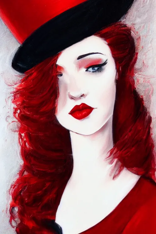 Image similar to elegant long hair lady wearing red dress and tophat, close up portrait, realistic detailed painting, dark background, noir, mysterious