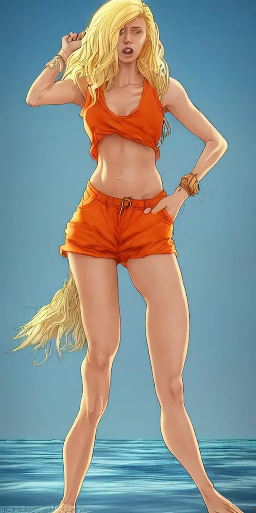 Image similar to a gorgeous hulking beast of a woman with very long hip-length blonde hair, wearing a cut-off white top and orange cut-off shorts standing by the water, in the style of artgerm and moebius and annie liebovitz, marvel comics, photorealistic, highly detailed, trending on artstation