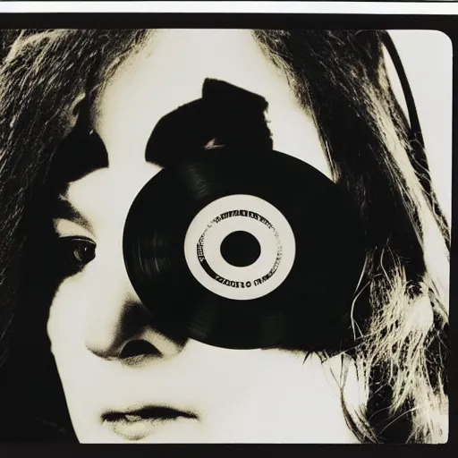 Image similar to close - up, photo of girl in a mask of a magpie, in a hoodie, holding a vinyl record, 9 0 - s, polaroid photo, by warhol,