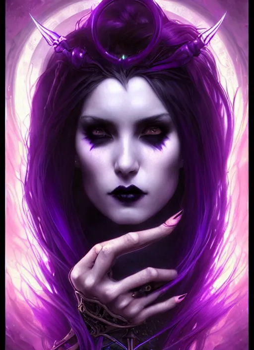 Image similar to a beautiful cinematic female Necromancer Sorceress, galatic shamen with Quantum energy fantasy, fantasy magic, short purple black fade hair, undercut hairstyle, dark light night, intricate, elegant, sharp focus, illustration, highly detailed, digital painting, concept art, matte, art by WLOP and Artgerm and Greg Rutkowski and Alphonse Mucha, masterpiece