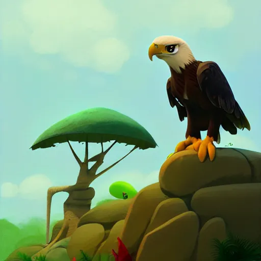 Prompt: goro fujita illustration a young little eagle in the jungle by goro fujita, painting by goro fujita, sharp focus, highly detailed, artstation