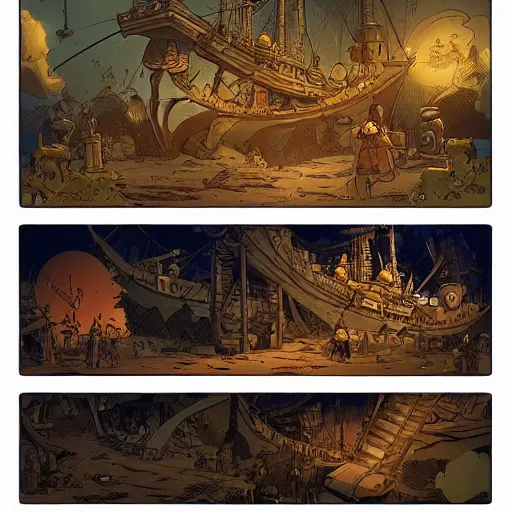 Image similar to treasure map adventures : : 1, large pirate ship, mike mignola style, comics, beautiful composition, wide angle, colorful, cinematic, volumetric lighting, intricate details