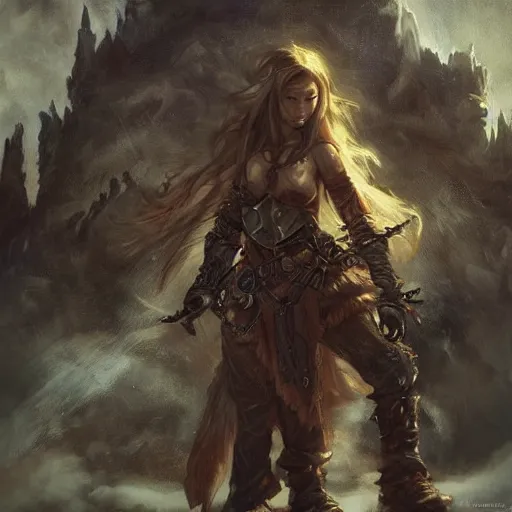 Image similar to Das Schwarze Auge Cover Artwork, a dwarf, an elf, a mage, a knight, adventures, dramatic light, highly detailed, dragon in the sky, photorealistic artwork, oil on canvas, style like Craig Mullins, Jaime Jones, Anna Steinbauer or Alphonse Mucha, amazing and super beautiful artwork, grouped values