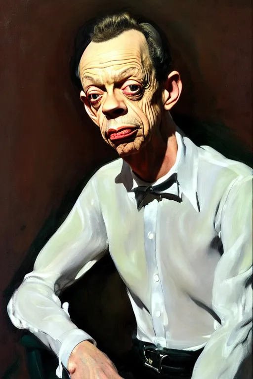 Prompt: portrait of don knotts sitting with full face full figure seductive sensual alluring attractive, in the style of disco elysium, expressionism, artstation, trending, andrew wyeth, jamie wyeth, john singer sargent,
