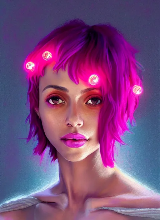 Image similar to portrait of vanessa morgan with bright pink hair, curly pixie cut hair, wearing a purple breton cap, breton cap, hoop earrings, intricate, elegant, glowing lights, highly detailed, digital painting, artstation, concept art, smooth, sharp focus, illustration, art by wlop, mars ravelo and greg rutkowski