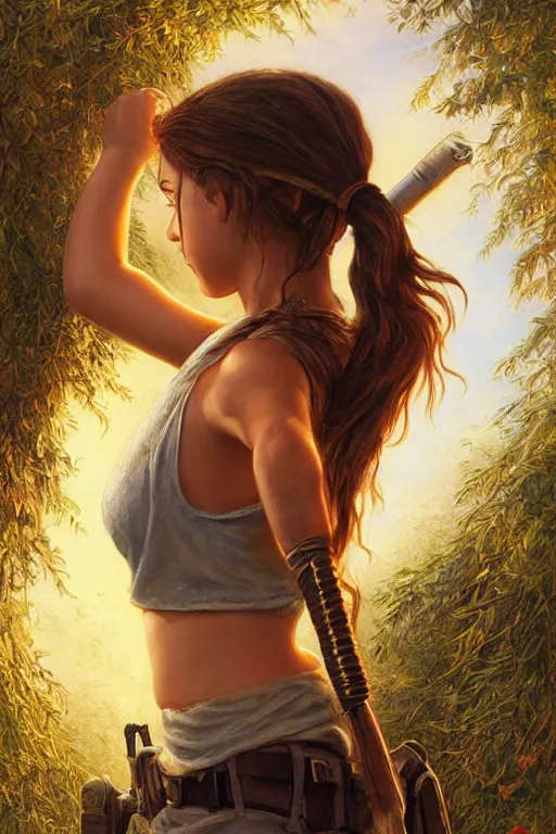 Prompt: golden hour, young Lara Croft chilling out, Lilia Alvarado, Sophie Anderson, Mark Arian, Bob Byerley, Charlie Bowater, Mark Brooks, Steve Henderson, Justin Gerard, Arthur Hughes, Edward Robert Hughes, Mark Keathley, Victor Nizovtsev, Carlos Shwabe, Ross Tran, WLOP