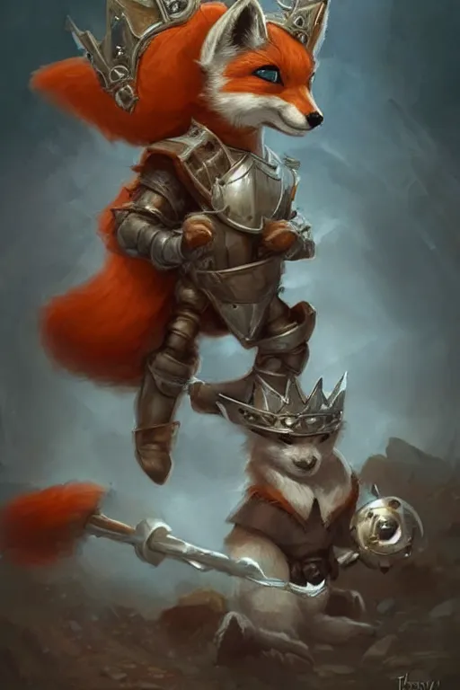 Image similar to cute little anthropomorphic foxy knight wearing a cape and a crown, tiny, small, miniature fox, baby animal, short, pale blue armor, cute and adorable, pretty, beautiful, DnD character art portrait, matte fantasy painting, DeviantArt Artstation, by Jason Felix by Steve Argyle by Tyler Jacobson by Peter Mohrbacher, cinematic lighting