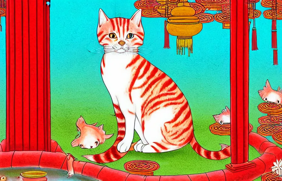 Image similar to a red tabby cat praying in a asian style temple of a holy koi fish, cute digital art, pastel colours, children's book illustration,