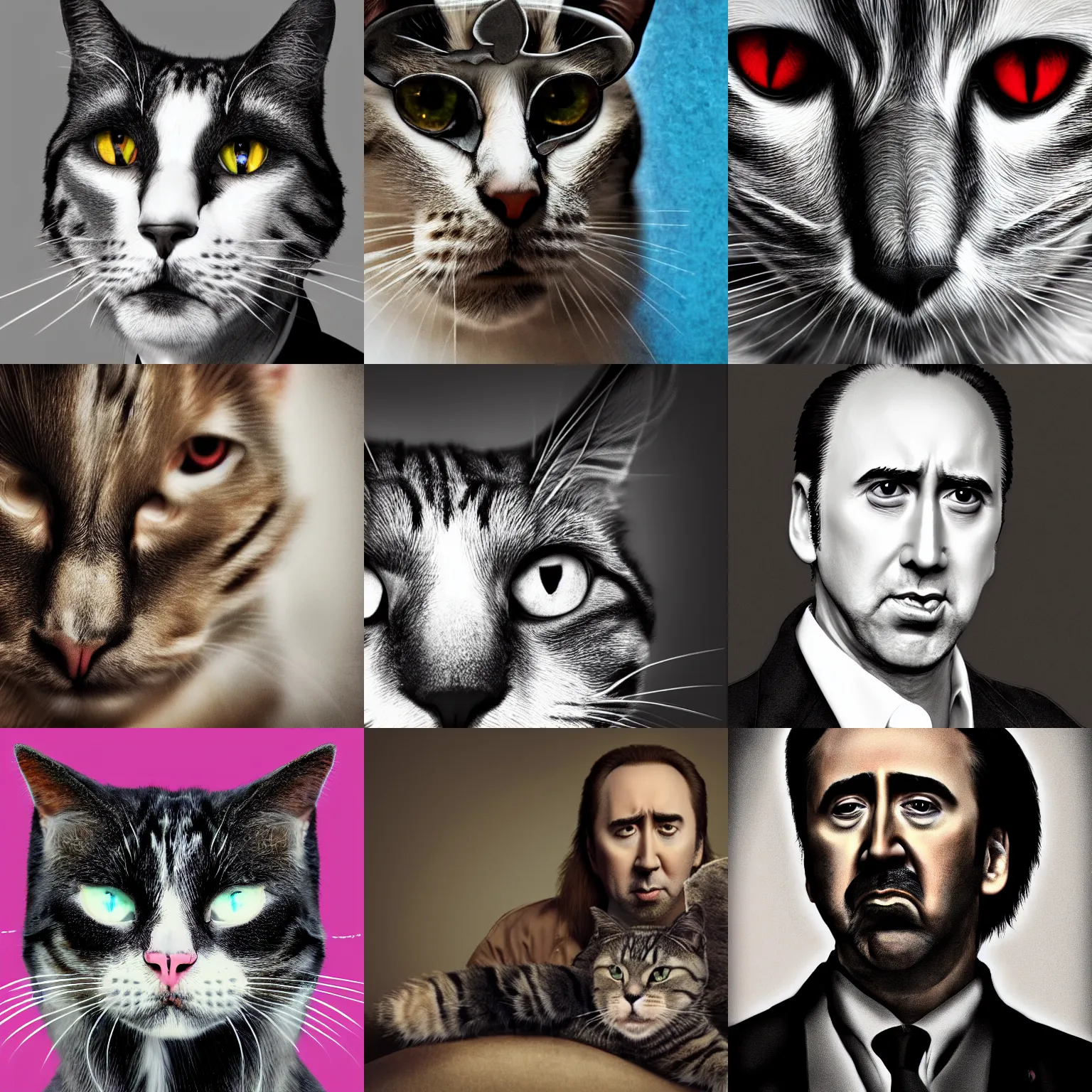 Prompt: solemn portrait of nic cage as a cat, realistic, 4 k, photography, prize winning