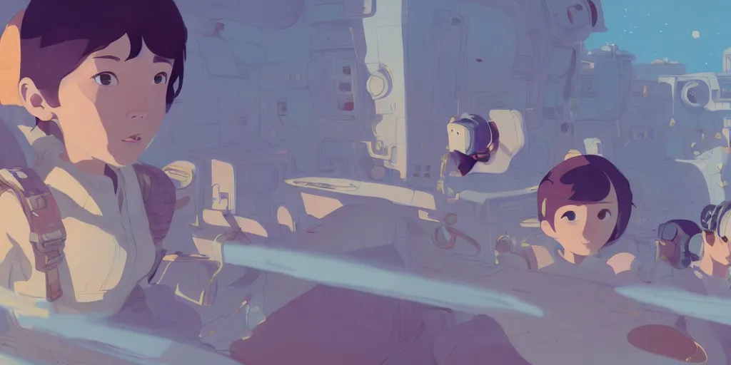 Image similar to young women, landing on the space station settlement, by cory loftis & akihiko yoshida & james gilleard & atey ghailan & makoto shinkai & goro fujita & studio ghibli, rim light, exquisite lighting, clear focus, very coherent, plain background, soft painting, photorealistic, unreal engine 5, 8 k