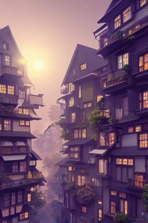 Image similar to stacked houses, solarpunk, francois schuiten, studio ghibli, octane render, 4 k