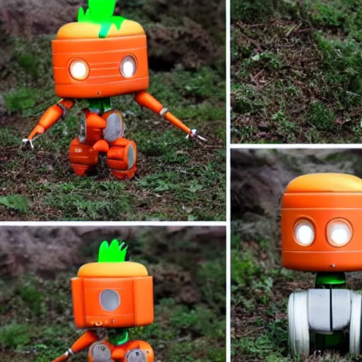 Image similar to cute robot made of plants with tomato hat and a carrot sword, made in abyss style