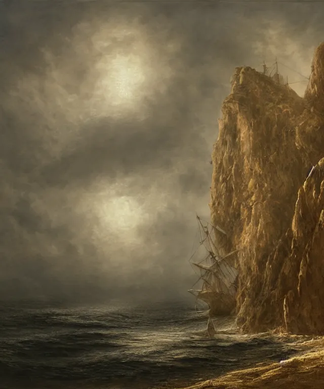 Image similar to photorealistic sepia painting of a pirate ship sailing in front of a tropical island cliff with the mouth of a grotto at the waterline, dark, brooding, atmospheric, lovecraft, by dave dorman