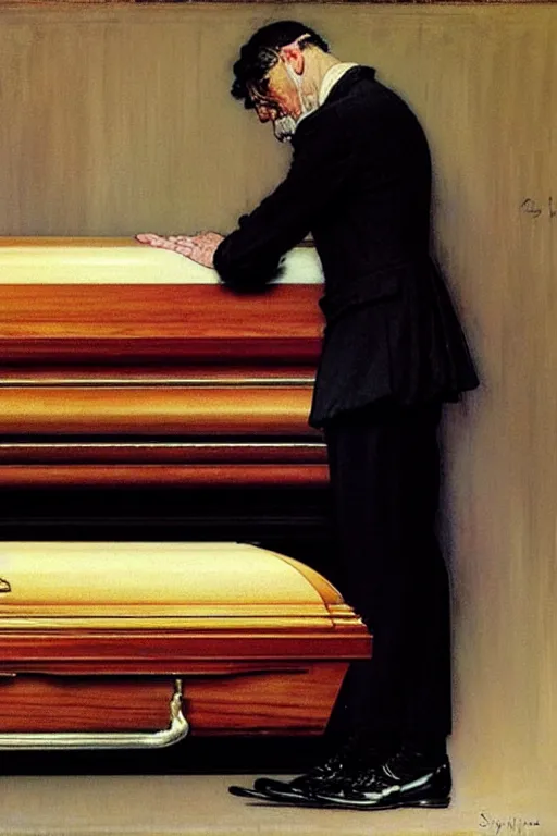 Image similar to a sad man mourning over a casket by sydney prior hall and alfred stevens and sherree valentine daines and norman rockwell, casket, highly detailed, deep shadows, accurate face, hyperrealism