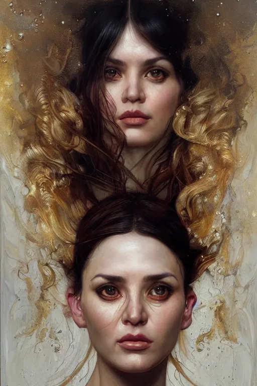 Prompt: hyper realistic portrait painting of the golden goddess, hyper detailed face by stjepan sejic, norman rockwell, michael hussar, roberto ferri and ruan jia, john william waterhouse, godward, david kassan