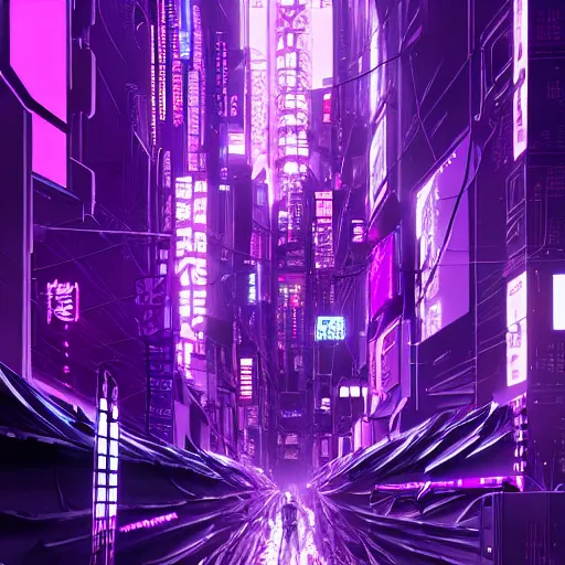 Image similar to Giant Purple Amethyst in cyberpunk neon Tokyo in style of Tsutomu Nihei. Cyberpunk, vertical symmetry, 8K, Highly Detailed, Intricate.