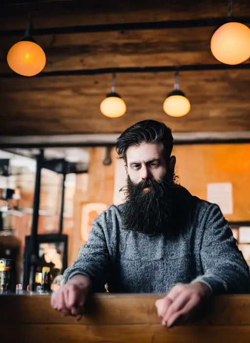 Image similar to Photography of a sad fully bearded man wearing warm clothes and carrying a huge travel backpack, drinking and smoking , sitting in a bar, full body shot, atmospheric lighting , wide angle lens
