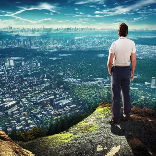 Prompt: a man looking down from a very tall mountain and seeing a city below him, photorealistic