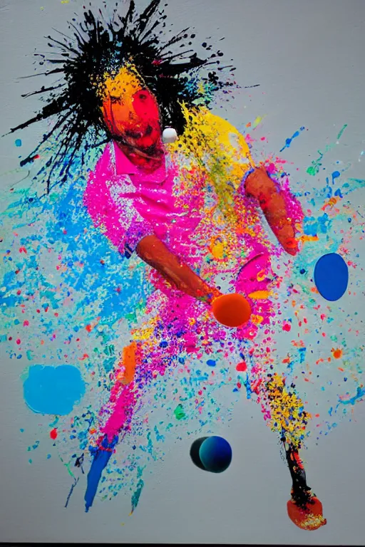 Image similar to figure made out of paint splatters playing ping pong, artwork, paddle and ball