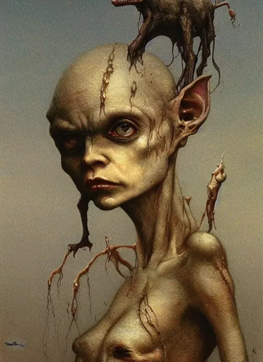 Prompt: cute beautiful bald goblin girl by Beksinski and Luis Royo