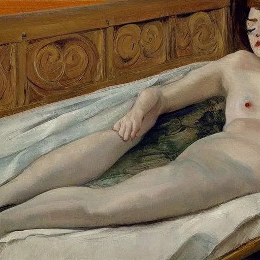 Image similar to painting of emma stone!!! on a victorian bed in a big old room, wide shot by lucian freud