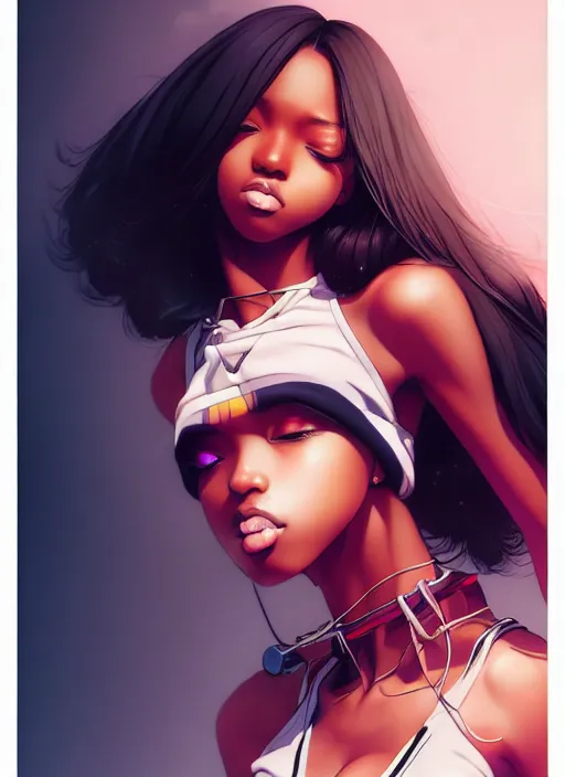 Prompt: beautiful hip hop young black woman, model pose, confident, manga style, scenery wallpaper aesthetic, pastel colors, symmetrical face, cinematic, dramatic, super detailed and intricate, hyper realistic, 4 k render, by artgerm, by kyoung hwan kim, by ralph mcquarrie, by yoshiyuki tomino