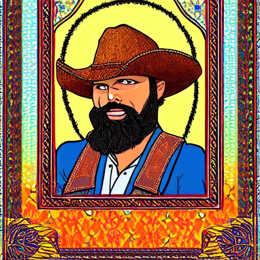 Image similar to bearded cowboy, portrait, highly colorful illuminated borders, persian folkore artstyle